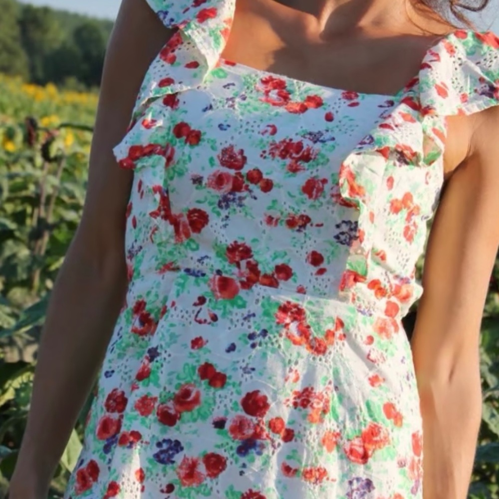 Blue Rain, white floral eyelet ruffle dress, size M